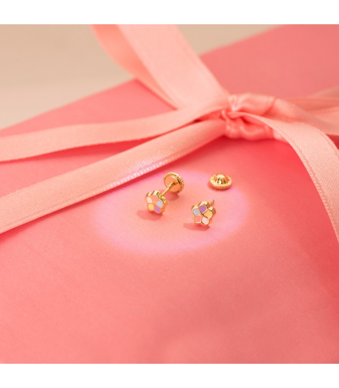 Pendientes Oro 18K Flor colores 5 mm - pendientes recién nacida colorines - primera puesta - pendientes de oreja