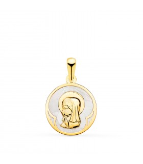 Medalla Nácar Redonda Virgen Niña Oro 18 K 15 mm - medallas para comunión - colgante personalizable