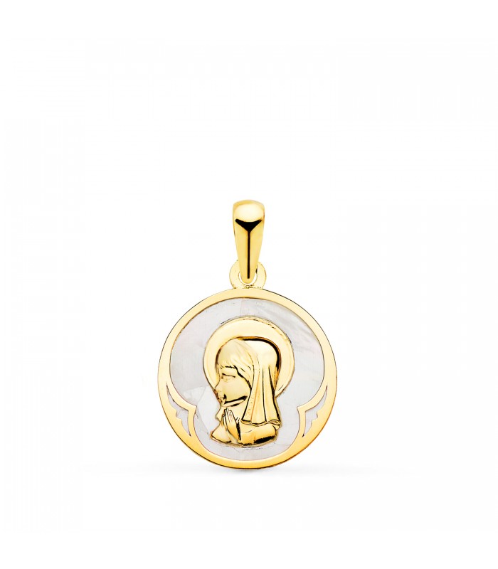 Medalla Nácar Redonda Virgen Niña Oro 18 K 15 mm - medallas para comunión - colgante personalizable