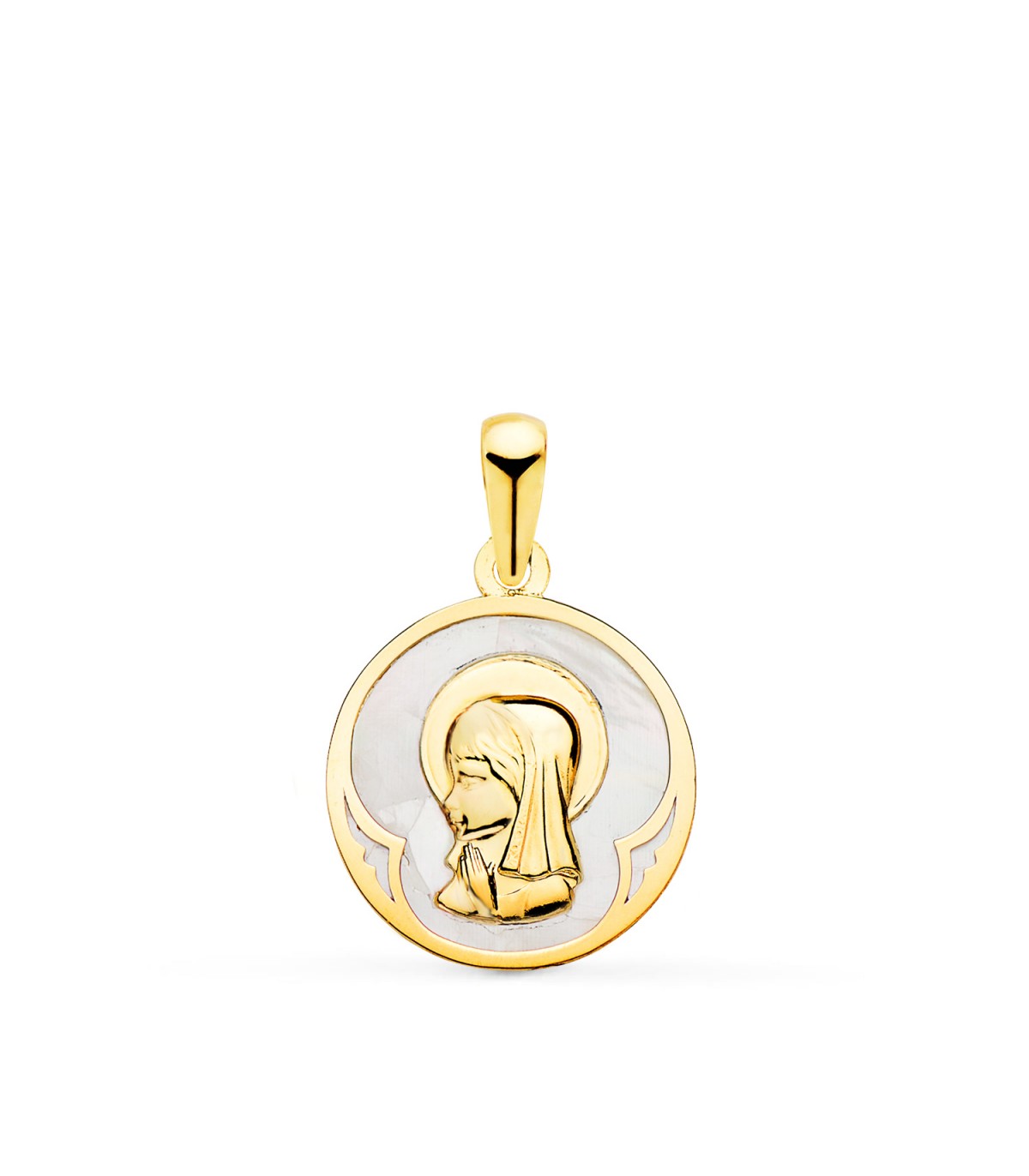 Médaille Nacre Ronde Vierge Fille Or 18 K 15 mm