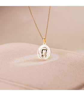 Medalla Nácar Redonda Virgen Niña Oro 18 K 15 mm - medallas para comunión - colgante personalizable