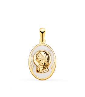 Medalla Nácar Oval Virgen Niña Oro 18 K 19 mm - medallas para comunión - colgante personalizable