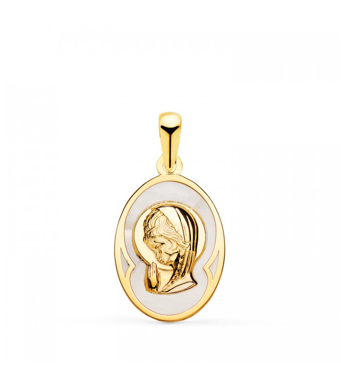 Medalla Nácar Oval Virgen Niña Oro 18 K 19 mm - medallas para comunión - colgante personalizable