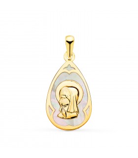 Medalla Nácar Virgen Niña Gota Oro 18 K 21 mm - medallas para comunión - colgante personalizable