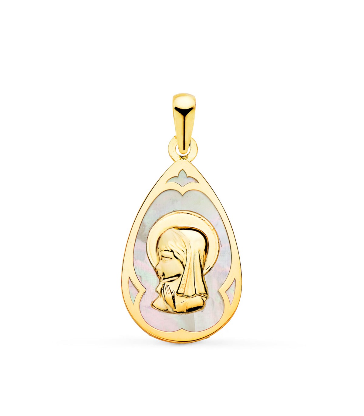 Medalla Nácar Virgen Niña Gota Oro 18 K 21 mm - medallas para comunión - colgante personalizable