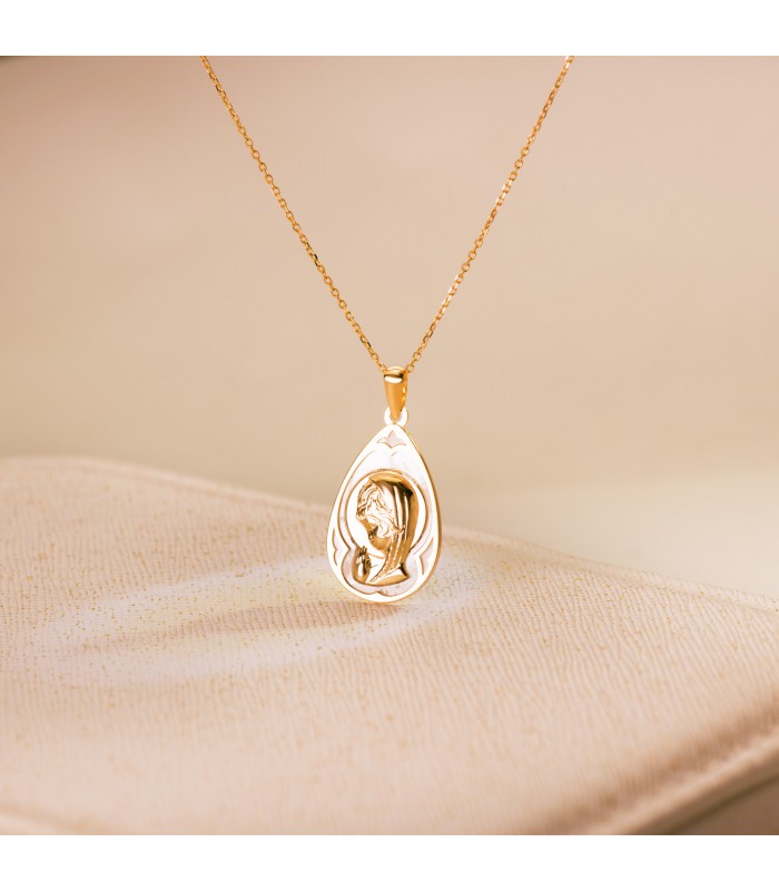Médaille Nacre Vierge Enfant Goutte Or 18 K 19 mm