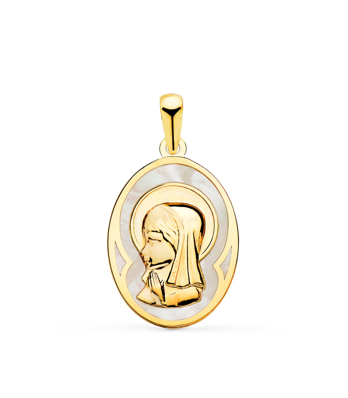 Médaille Nacre Vierge Enfant Ovale Or 18 K 21 mm