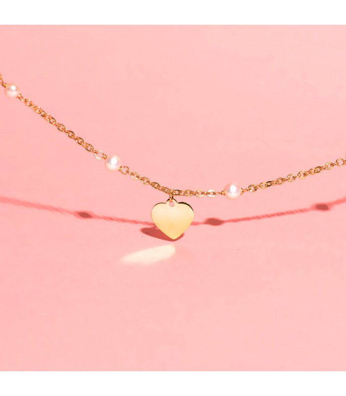 Pulsera personalizada Corazón Perlas Oro 18K - pulseras personalizables - pulsera con nombre grabado