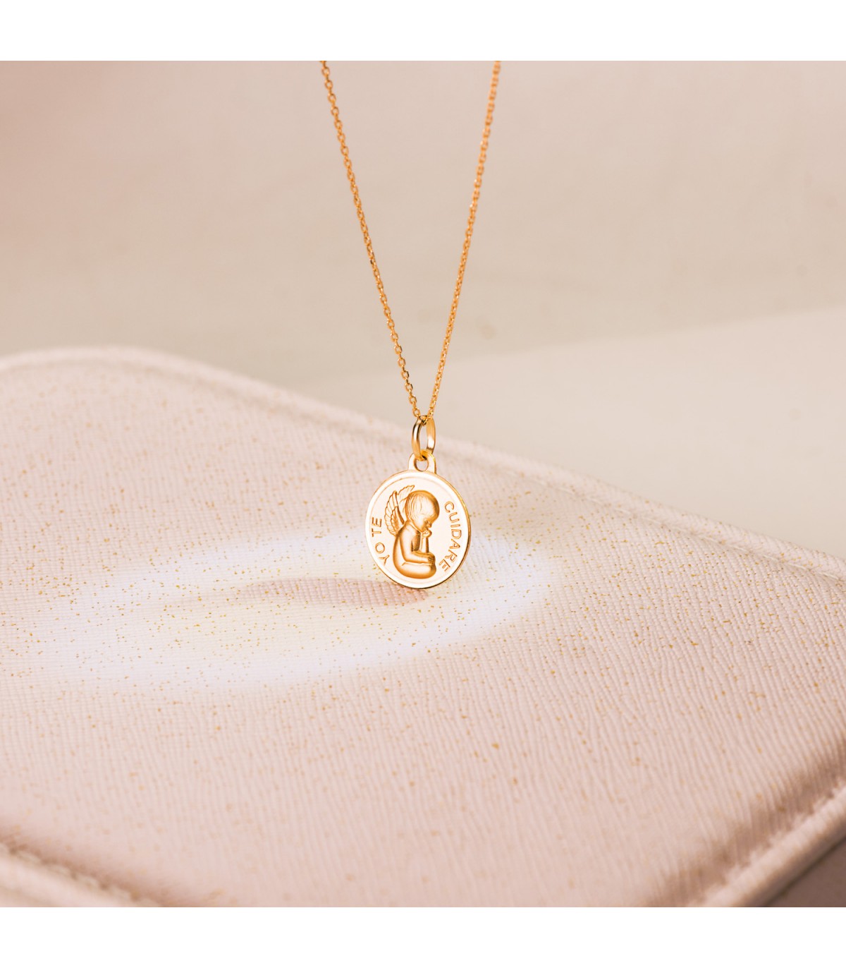 Medalla Ángel Yo te cuidaré 18K 14mm Bisel | regalos para bebé personalizados
