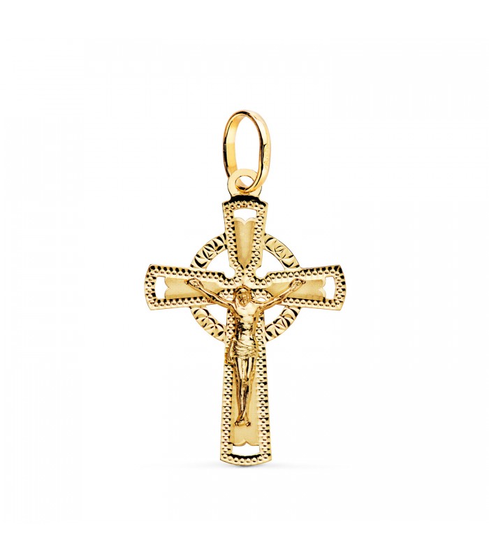 Keltischer Anhängerkreuz mit Jesus Figur 750 Gold, matiert und diamantiert 22275