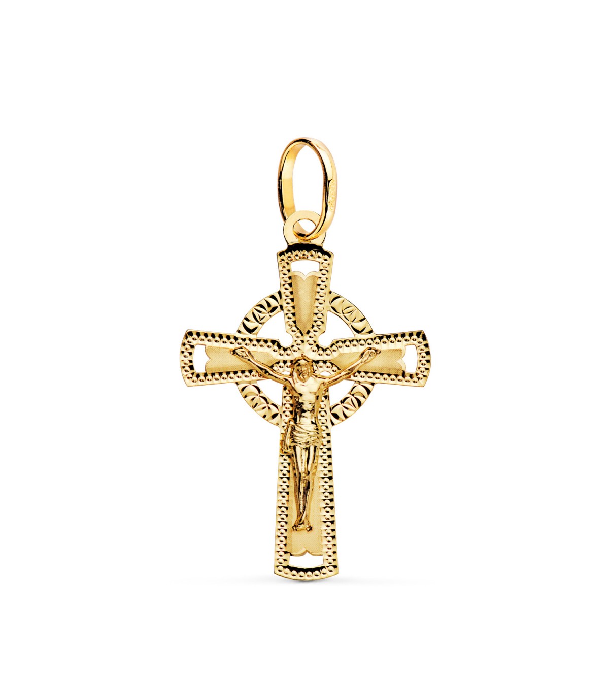 Keltischer Anhängerkreuz mit Jesus Figur 750 Gold, matiert und diamantiert 22275