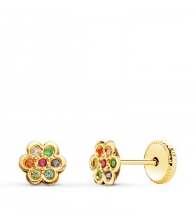 Orecchini a lobo Pietre colorate Oro 18kt Fiore, chiusura a vite
