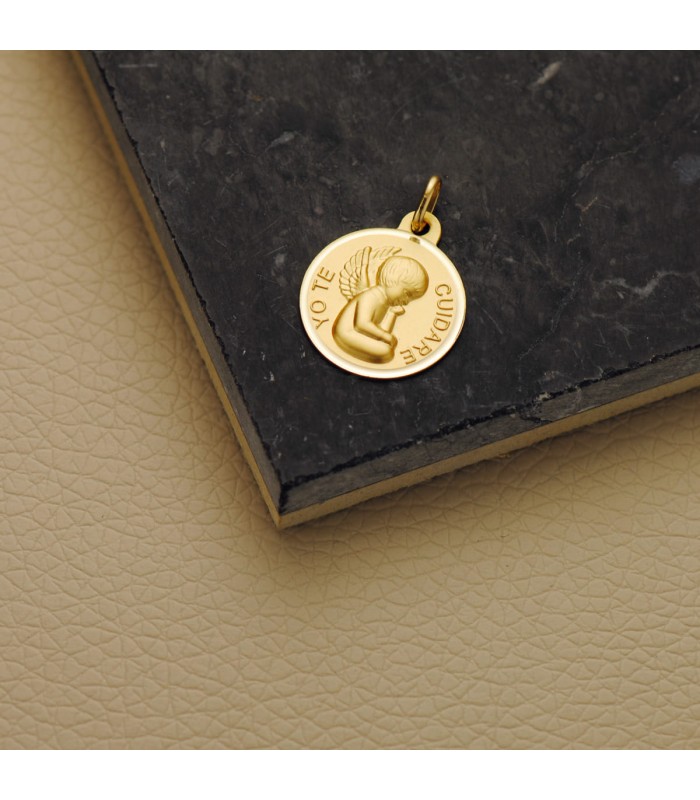 Medalla Ángel Yo te cuidaré 18K 16mm Bisel - regalos para bautizo, nacimiento de bebé