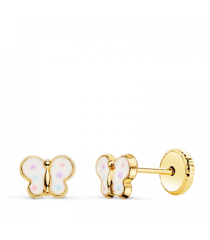 Clous d'oreilles Or 18K Papillon couleurs, laque blanc