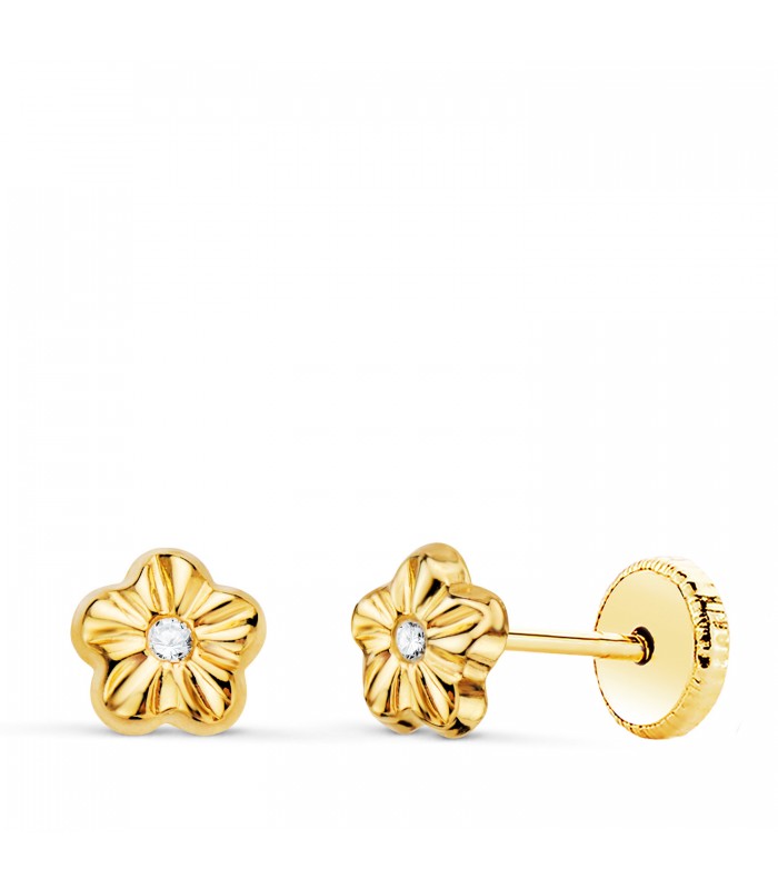 Pendientes de niña Oro 18K Ondas Flor 5mm - pendientes niñas oro - circonitas