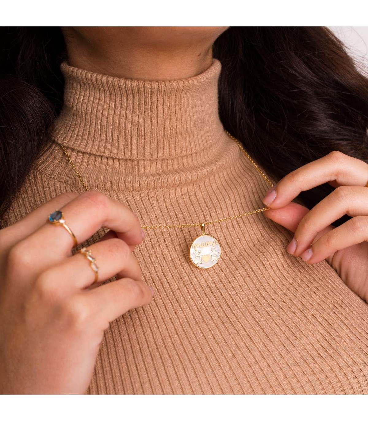 Pendentif Nacre Mamá Or Jaune 18K Silhouettes Garçon Fille 20mm