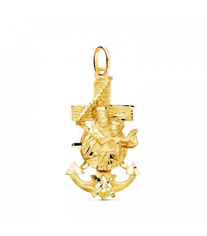 Croix Ancre Marine Vierge du Mont Carmel Or 18K 35 mm