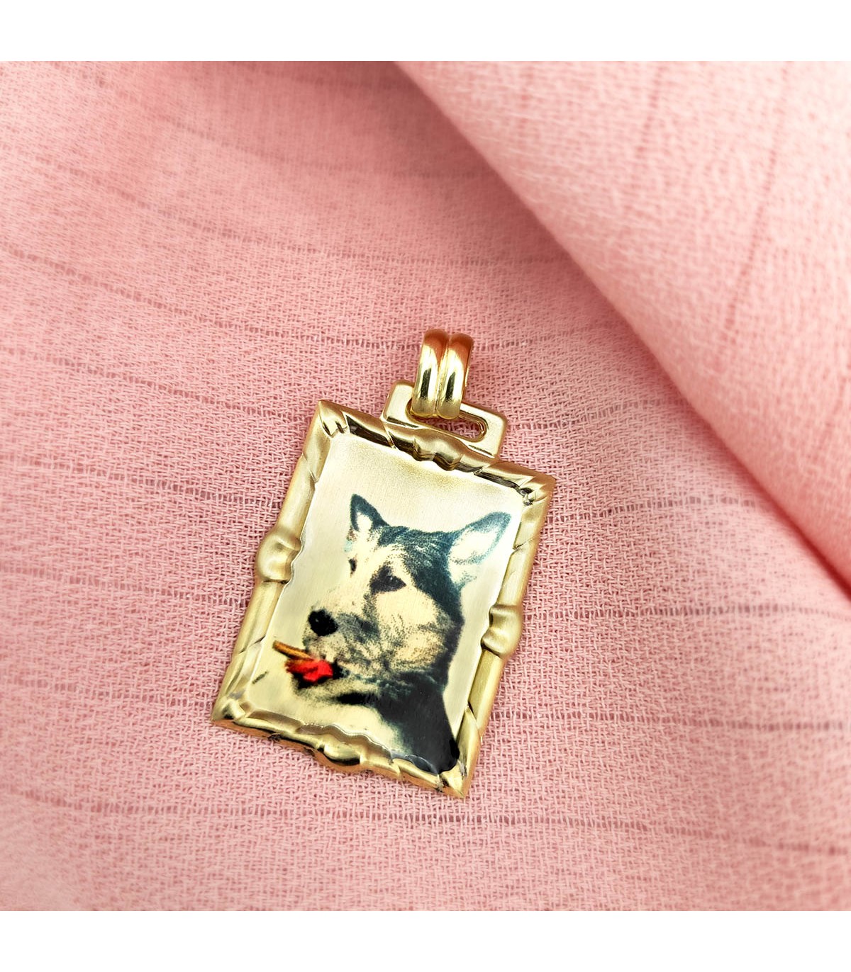 Chapa rectangular Colgante Oro 18K 26 mm. Placa grabado personalizado texto foto
