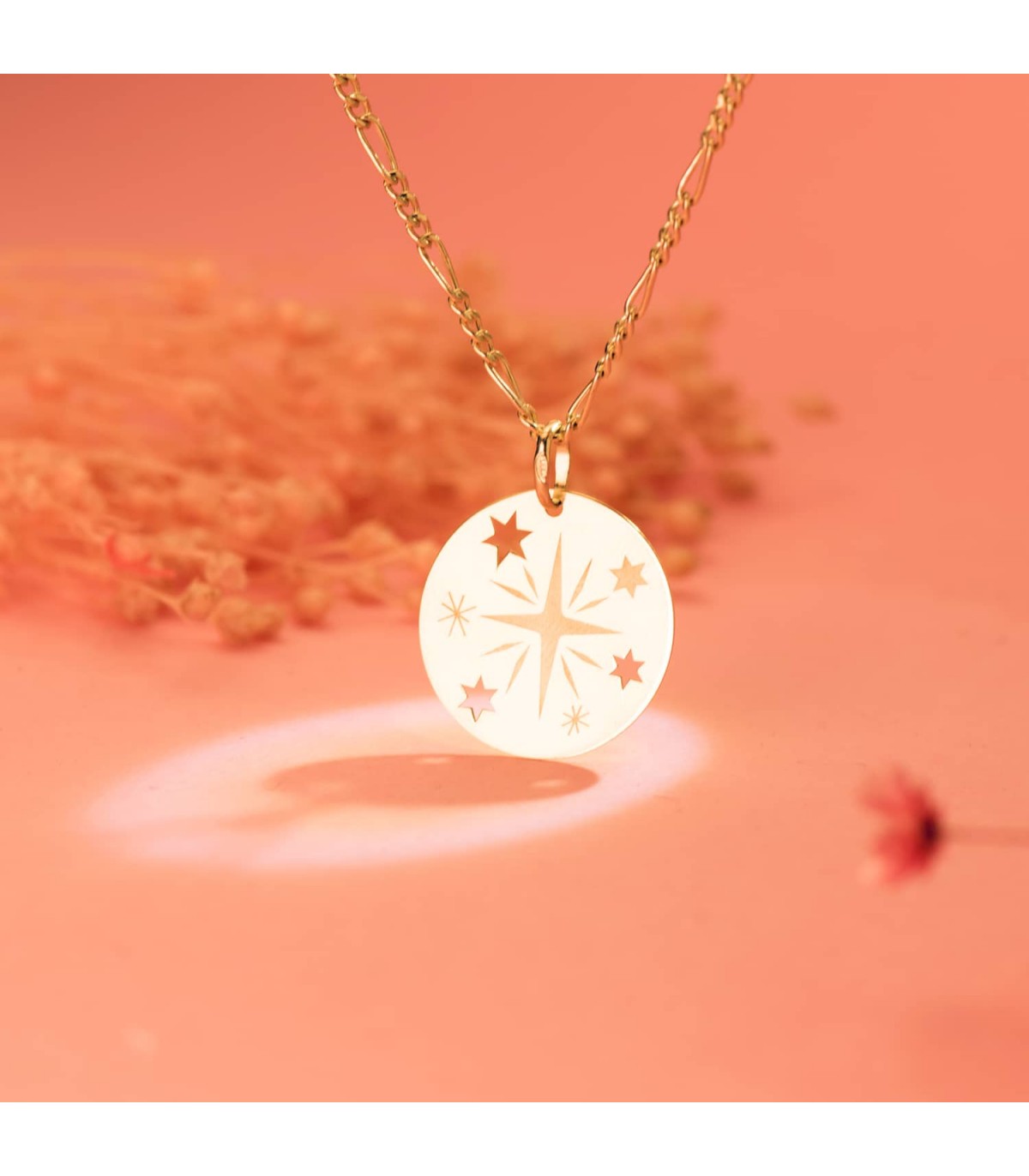 Runder Anhänger „Magic Universe“ aus 18K Gold mit Stern – Medaille für Damen und zur Geburt Kinder