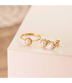 Boucles d'oreilles et bagues pour fillettes. Parure Bijoux Fille Or Jaune 18K Perle et Zircones.