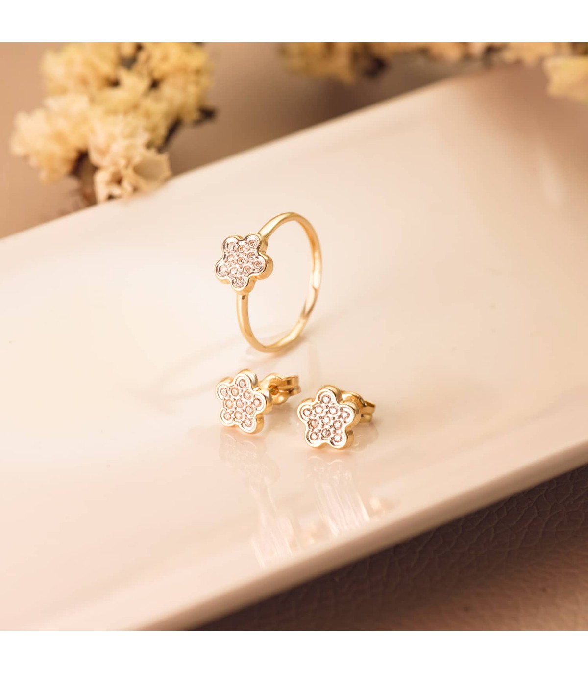 Juego de Comunión Oro Bicolor 18K Flor