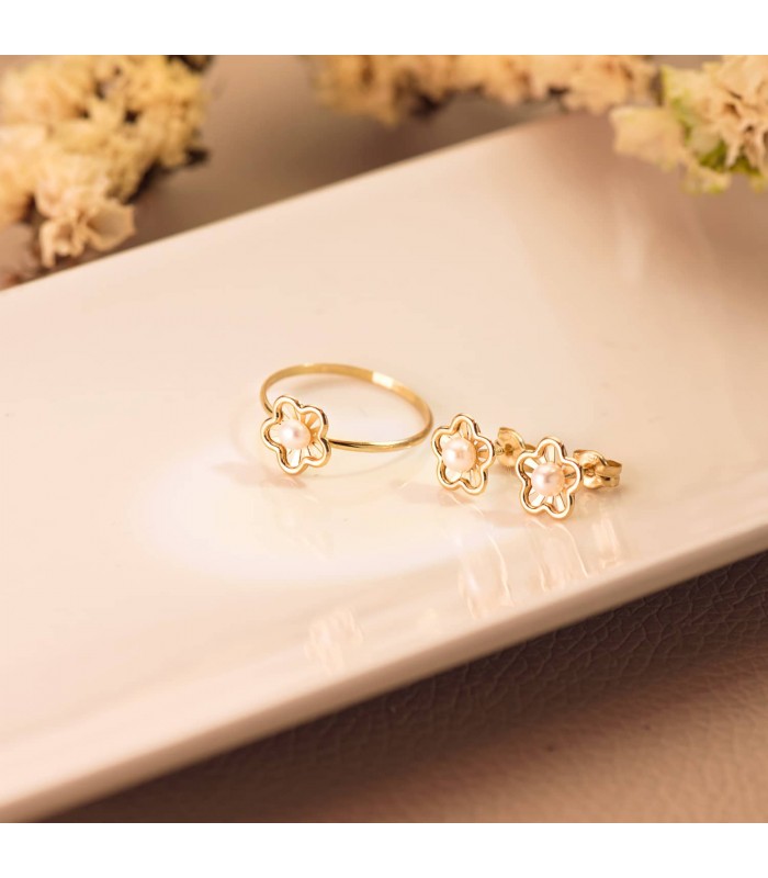 Juego Primera Comunión Oro Amarillo 18K Chloe Flor Conjunto Niña