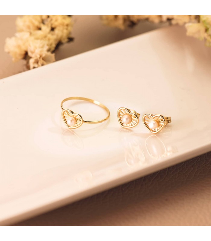 Juego de Comunión Oro Amarillo 18K Chloe Corazón conjunto niña pendientes anillo