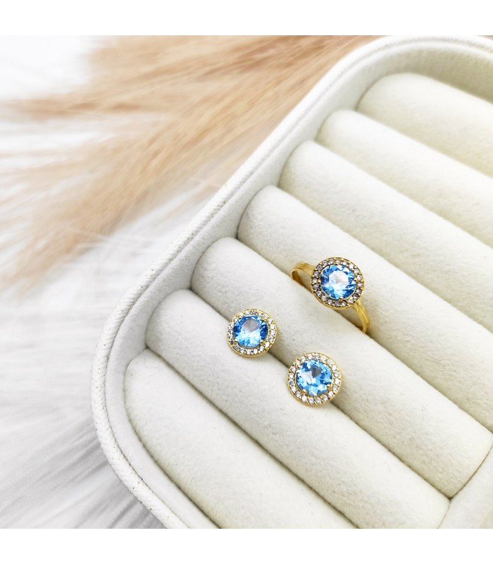 Orecchini punto luce Candida, ideale da donna, in oro giallo 18kt rosetta con pietra acquamarina