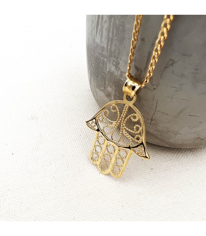 Ciondolo Mano di Fatima a filigrana in oro giallo 18kt 36 mm - Gioielli e ciondoli portafortuna