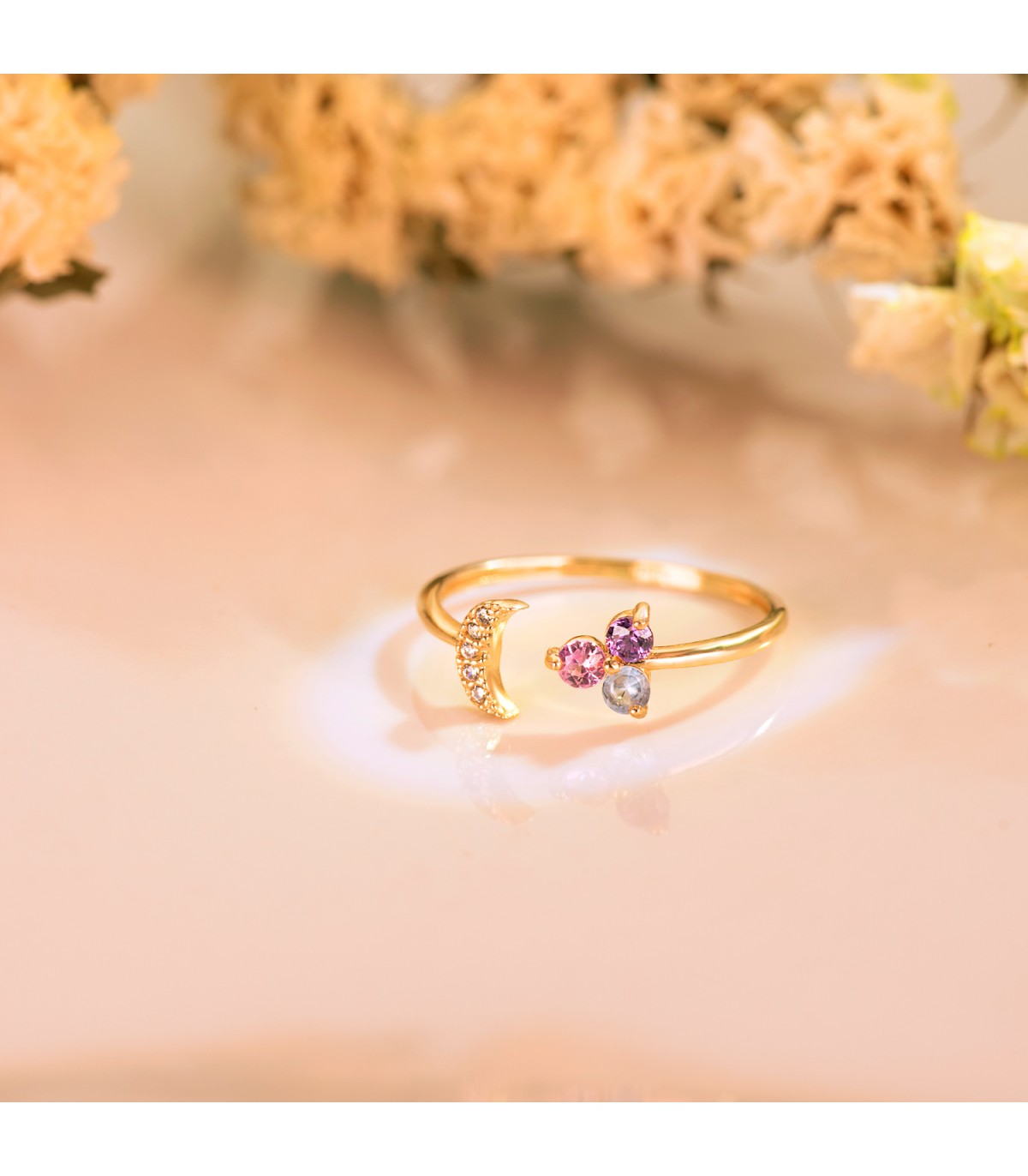 Anillo con piedras de colores - Anillo abierto Meraki Oro 18K Tutti Frutti Luna - anillos y sortijas para mujer