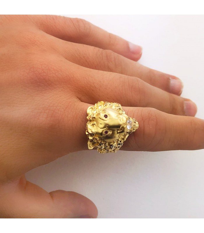 Chevalière pour homme Lion Or Jaune 18K Rubis