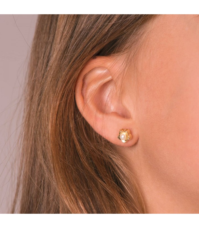 Boucles d'oreilles Enfant Fleur Perle Or Jaune 18K 8 mm
