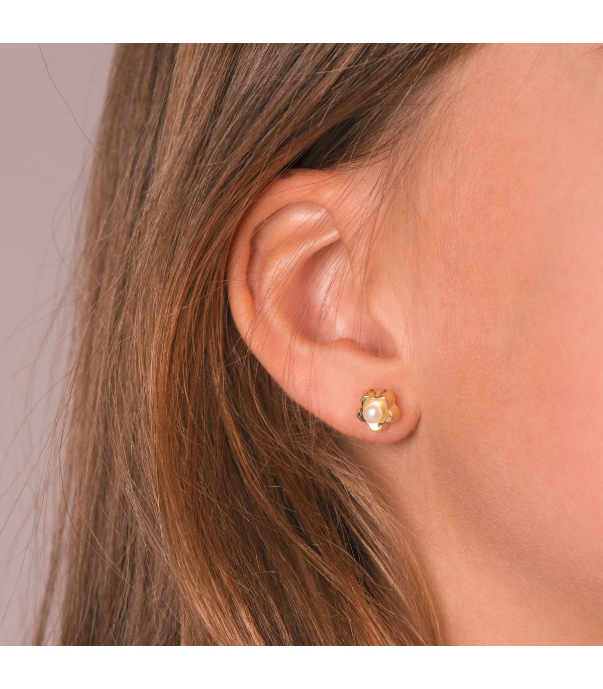 Pendientes Niña Flor Perlas Oro Amarillo 18K 8 mm cierre rosca grandes 8 años