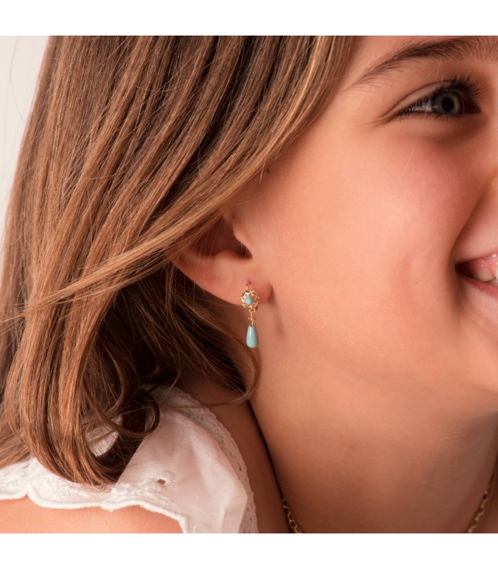 Pendientes oro 18k cubana piedra de gota turquesa 15mm - Pendientes de niña
