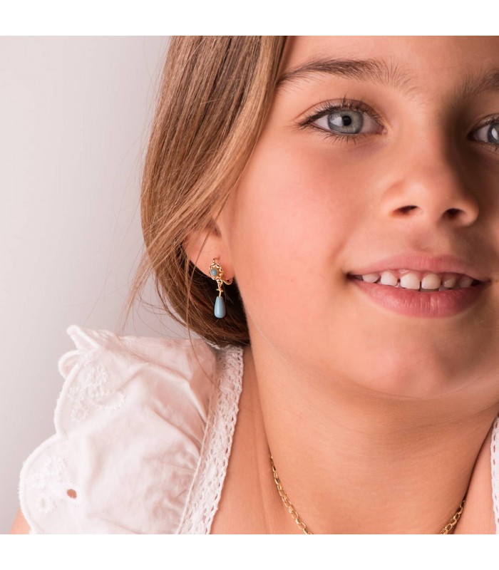 Boucles d'oreilles pendantes pour fille 15 mm, or jaune 750, goutte de Turquoise