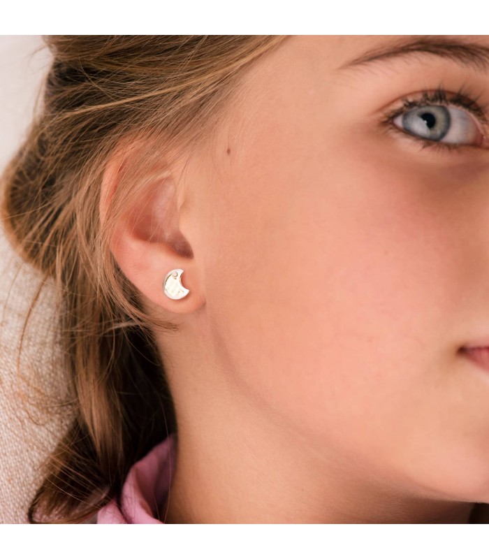 Pendientes Oro Bicolor 18K Moon 8 mm. Pendientes oro bicolor niña, ideales para regalar