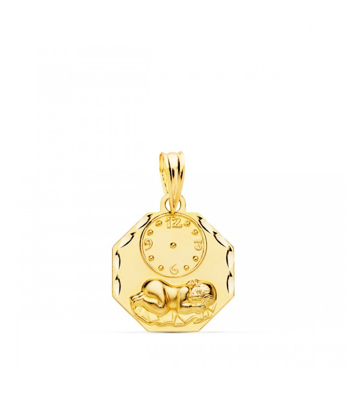 Médaille enfant et horloge octogonale or 18 carats