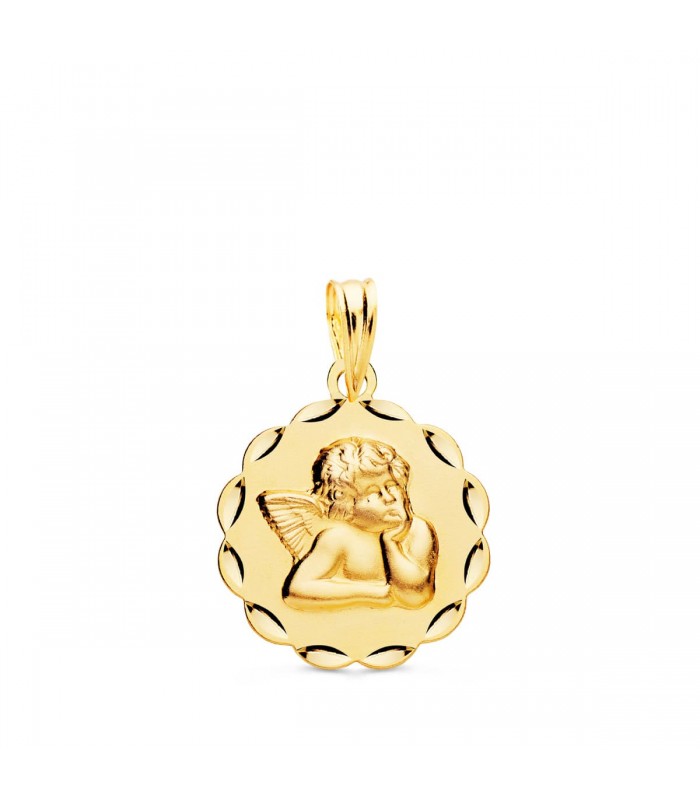 Medalla Flor Ángel Oro Amarillo 18K 17mm - medalla bautizo o nacimiento de bebé