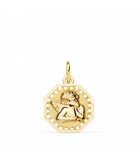 Medalla para bebé de ángel de la guarda - oro 18 kilates - joyeria online | Medalla Octogonal Calada Ángel 18K 14mm Brillo