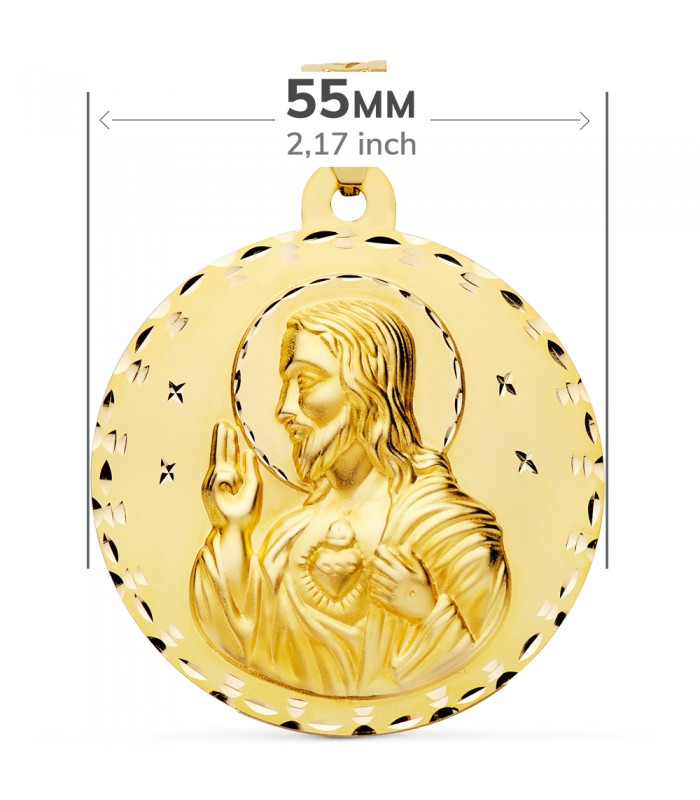 Escapulario Virgen del Carmen y Corazón de Jesús Oro 18K 55mm Tallado - medallas religiosas - escapulario grande