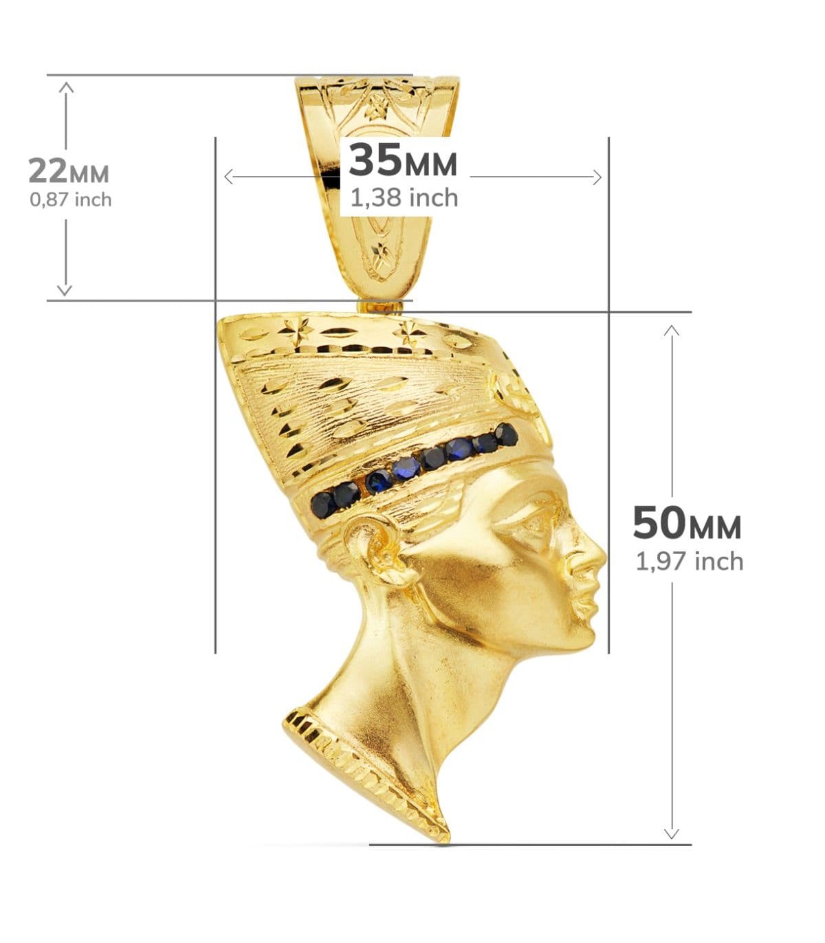 Ciondolo da uomo Nefertiti oro 18kt Pietre blu 50 mm - Portafortuna egiziano