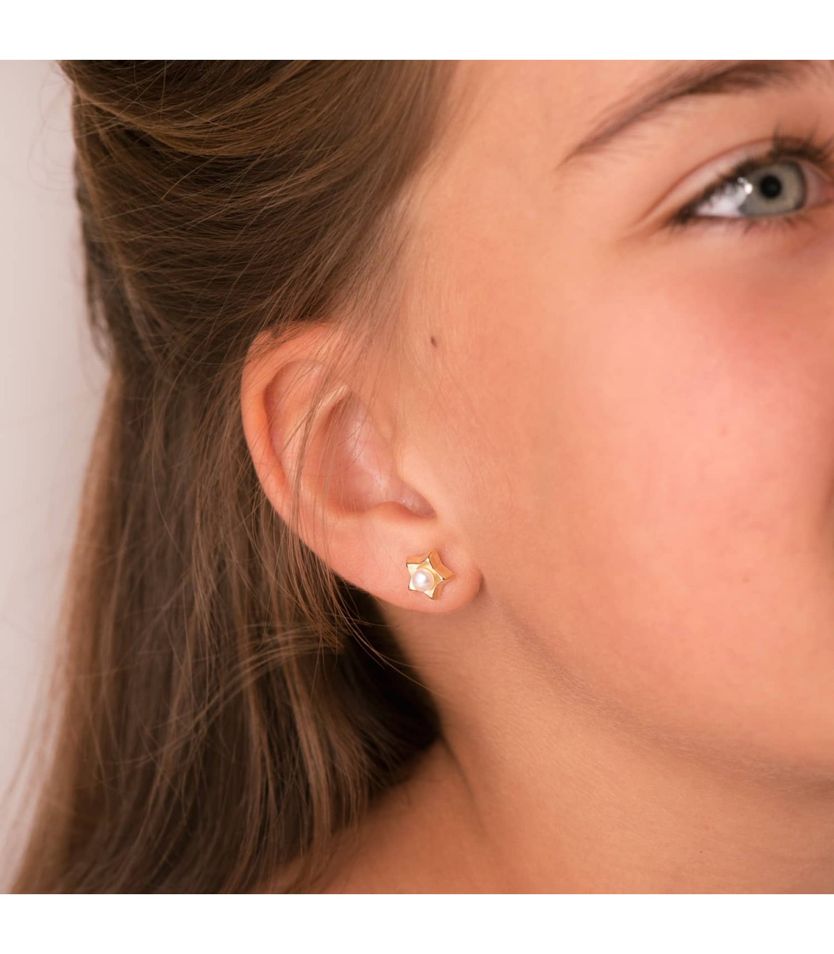 Pendientes Niña Perla Estrellas Oro Amarillo 18K 8 mm cierre presion grandes