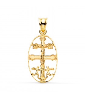 Pendentif Croix Caravaca Or 18K Entouré Ovale 30mm