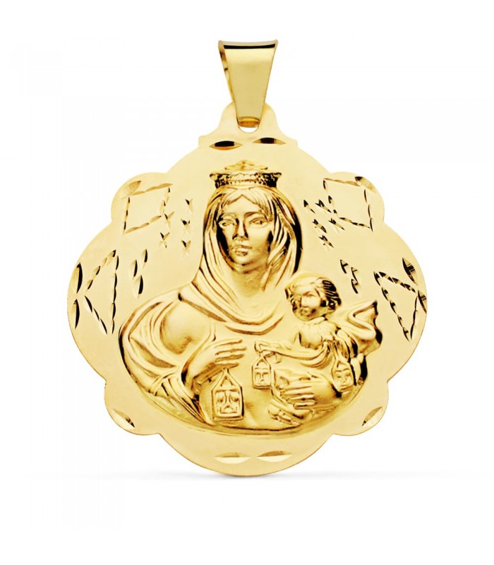 Medalla Virgen Carmen Oro 18 K 42 mm Pandereta - medallas de oro, medallas religiosas