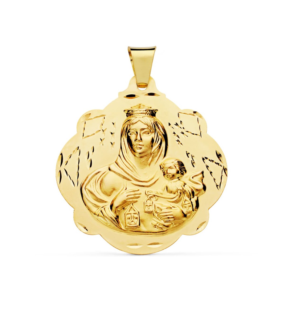 Medalla Virgen Carmen Oro 18 K 42 mm Pandereta - medallas de oro, medallas religiosas