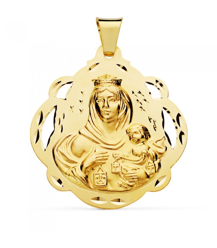 Medalla Virgen Carmen Oro 18K  Pandereta 42mm - medallas religiosas, medallas de oro