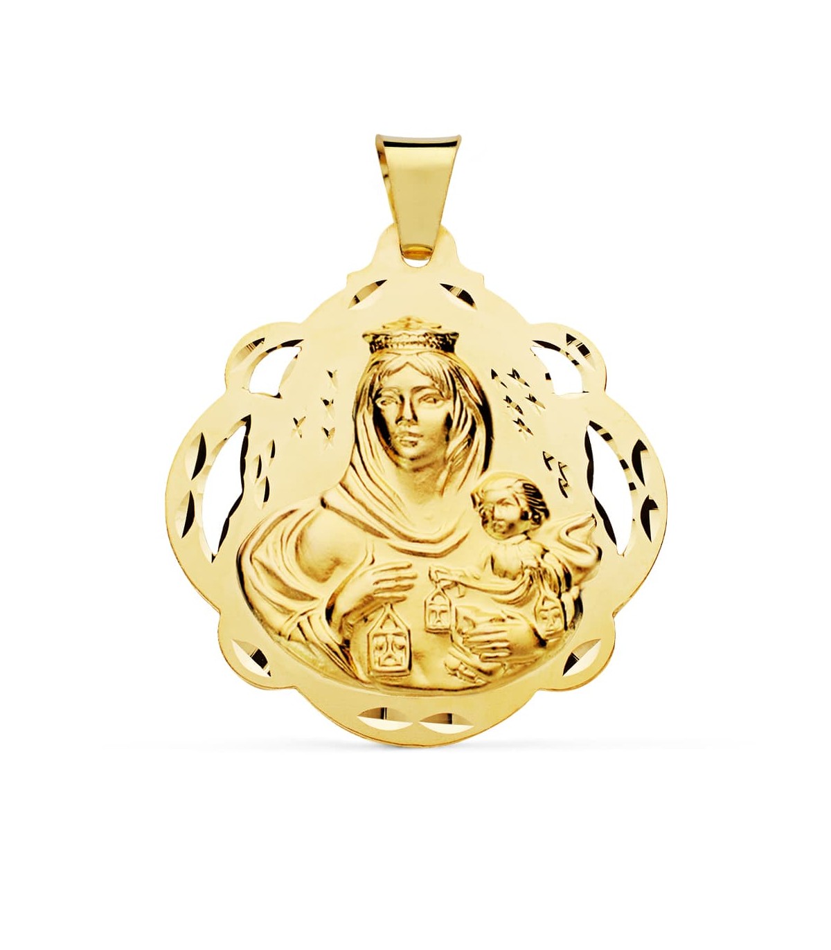 Medalla Virgen Carmen Oro 18K  Pandereta 42mm - medallas religiosas, medallas de oro
