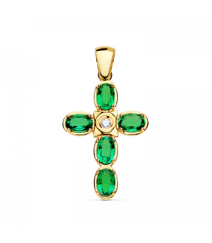 Pendentif Croix Or Jaune 28mm Émeraudes et Diamant