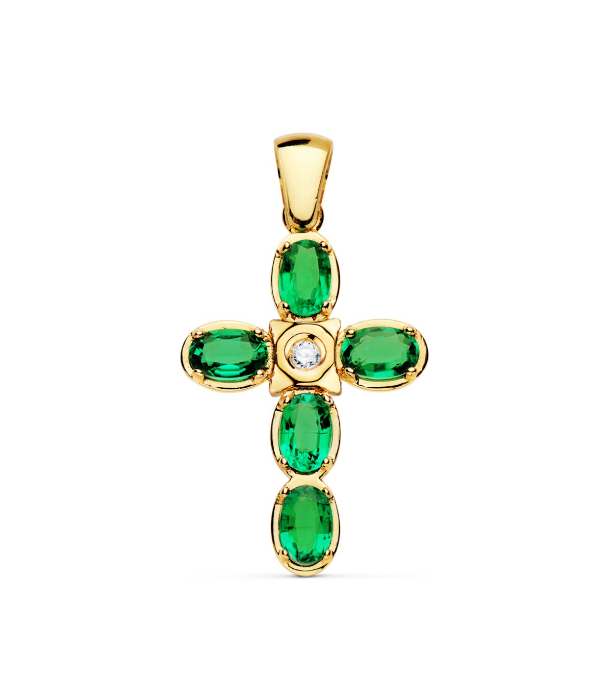 Colgante religioso mujer Cruz Oro Amarillo 18 kilates 28mm Esmeralda y Diamante alta joyeria