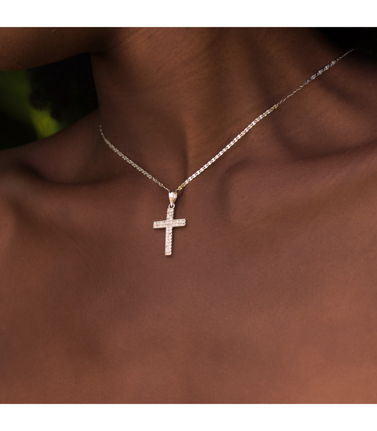 Collana con croce in oro bianco e zirconi, 18 carati, 22 mm, ideale per donna